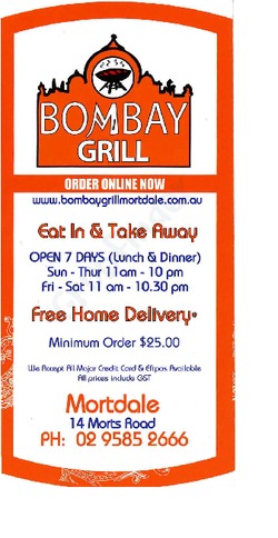 Scanned takeaway menu for Bombay Grill Mortdale