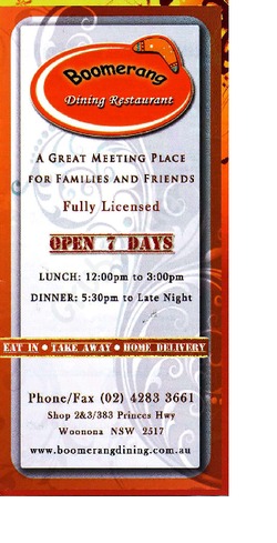 Scanned takeaway menu for Boomerang Dining Restaurant