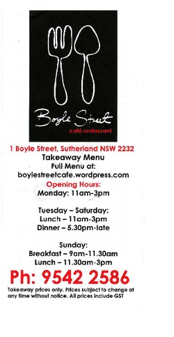 Scanned takeaway menu for Boyle St Cafe Restaurant