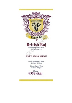Scanned takeaway menu for British Raj