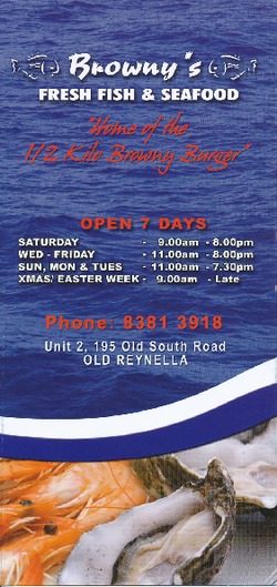Scanned takeaway menu for Browny’s Fresh fish & Seafood