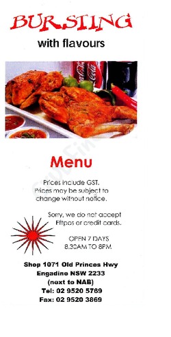 Scanned takeaway menu for Bursting with flavours