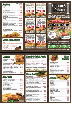 Scanned takeaway menu for Caesar’s Palace Chicken and Seafod