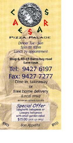 Scanned takeaway menu for Caesars Pizza Palace
