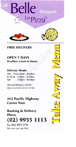 Scanned takeaway menu for Cafe Belle Restaurant