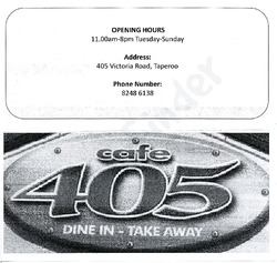 Scanned takeaway menu for Cafe 405