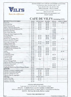 Scanned takeaway menu for Cafe de Vili’s