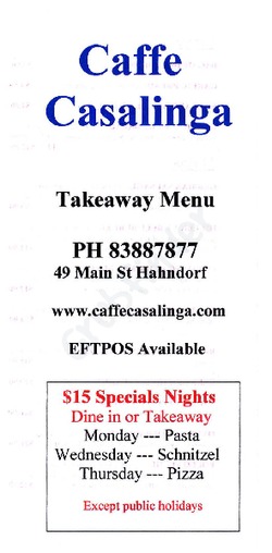 Scanned takeaway menu for Caffe Casalinga