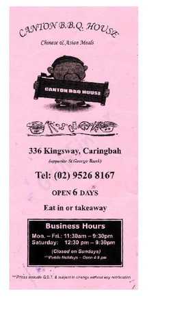 Scanned takeaway menu for Canton BBQ House
