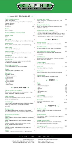 Scanned takeaway menu for Caphs Cafe Bar & Restaurant