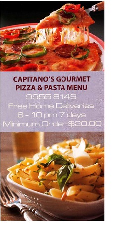 Scanned takeaway menu for Capitano’s Gourmet Pizza & Pasta