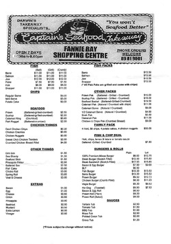 Scanned takeaway menu for Captain’s Seafood Takeaway