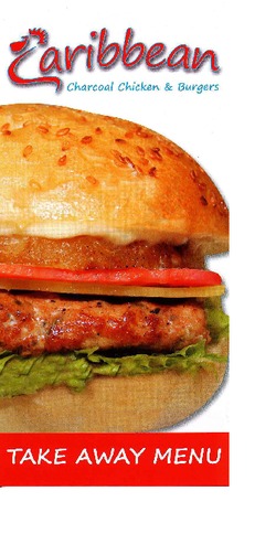 Scanned takeaway menu for Caribbean Charcoal Chicken & Burgers