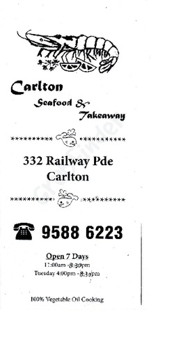 Scanned takeaway menu for Carlton Seafood & Takeaway