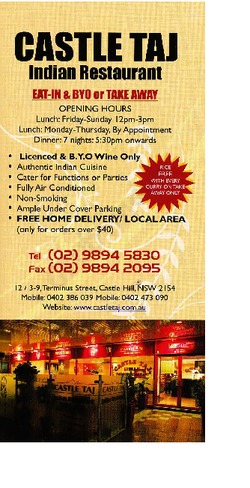 Scanned takeaway menu for Castle Taj Indian Restaurant