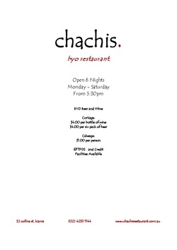 Scanned takeaway menu for Chachis Italian Restaurant
