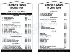 Scanned takeaway menu for Charlie’s Shack in China Town