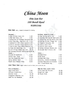 Scanned takeaway menu for China Moon Restaurant