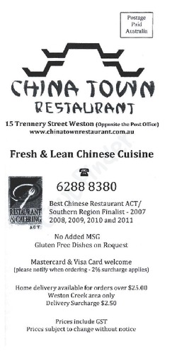 Scanned takeaway menu for China Town Restaurant