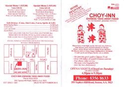 Scanned takeaway menu for Choy-Inn Chinese Take Away