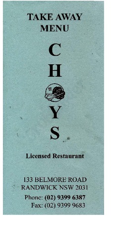 Scanned takeaway menu for Choy’s Restaurant
