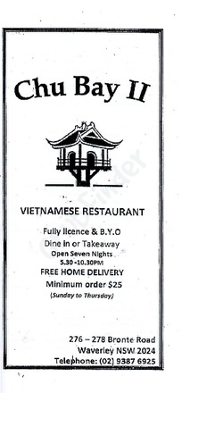 Scanned takeaway menu for Chu Bay II