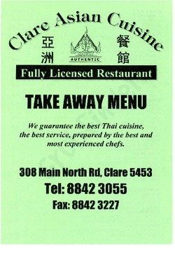 Scanned takeaway menu for Clare Asian Cuisine