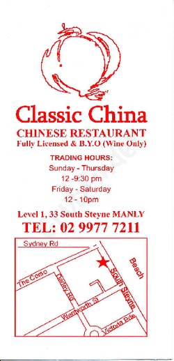 Scanned takeaway menu for Classic China