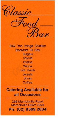 Scanned takeaway menu for Classic Food Bar