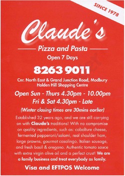 Scanned takeaway menu for Claude’s Pizza and Pasta
