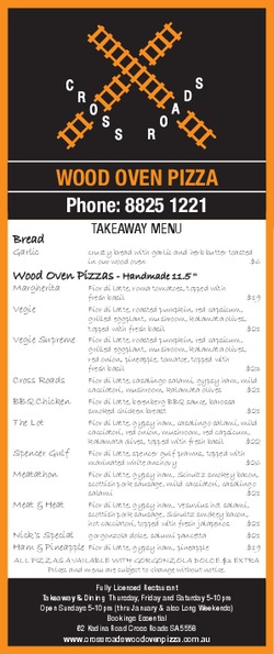 Scanned takeaway menu for Cross RoadsWood Oven Pizza