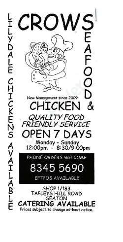 Scanned takeaway menu for Crow’s Seafood & Chicken