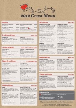 Scanned takeaway menu for Crust Gourmet Pizza Bar
