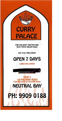 Scanned takeaway menu for Curry Palace