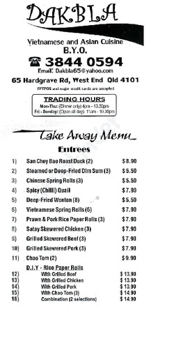 Scanned takeaway menu for Dakbla Restaurant