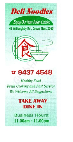 Scanned takeaway menu for Deli Noodles