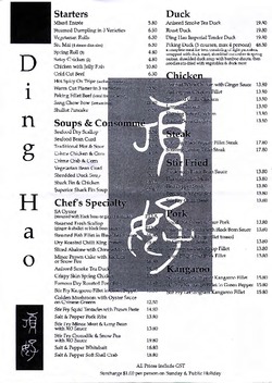 Scanned takeaway menu for Ding Hao Restaurant