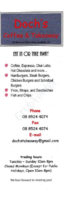 Scanned takeaway menu for Doch’s Coffee & Takeaway