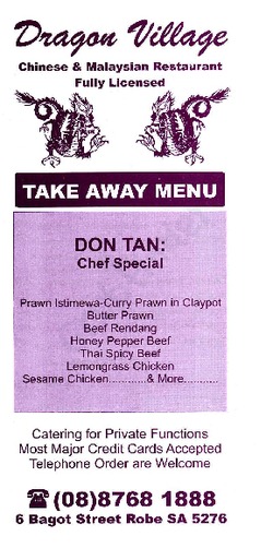 Scanned takeaway menu for Dragon Village Chinese & Malaysian Restaurant