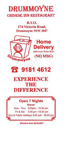 Scanned takeaway menu for Drummoyne Chinese Inn Restaurant