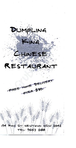Scanned takeaway menu for Dumpling King Chinese Restaurant
