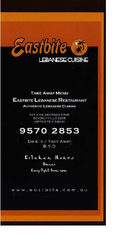 Scanned takeaway menu for Eastbite Lebanese Cuisine