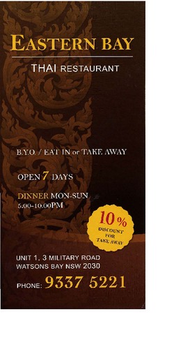 Scanned takeaway menu for Eastern Bay Thai Restaurant