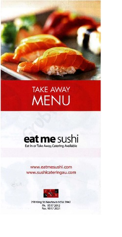 Scanned takeaway menu for eat me sushi