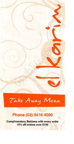 Scanned takeaway menu for el karim Restaurant