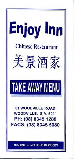 Scanned takeaway menu for Enjoy Inn