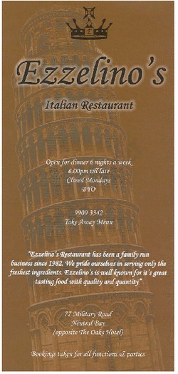 Scanned takeaway menu for Ezzelino’s Restaurant