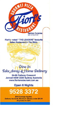 Scanned takeaway menu for Fiori’s Gourmet Pizza Restaurant