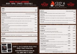 Scanned takeaway menu for Fire & Stone Wood Oven Pizza