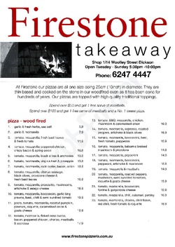 Scanned takeaway menu for Firestone Pizzeria/Bar